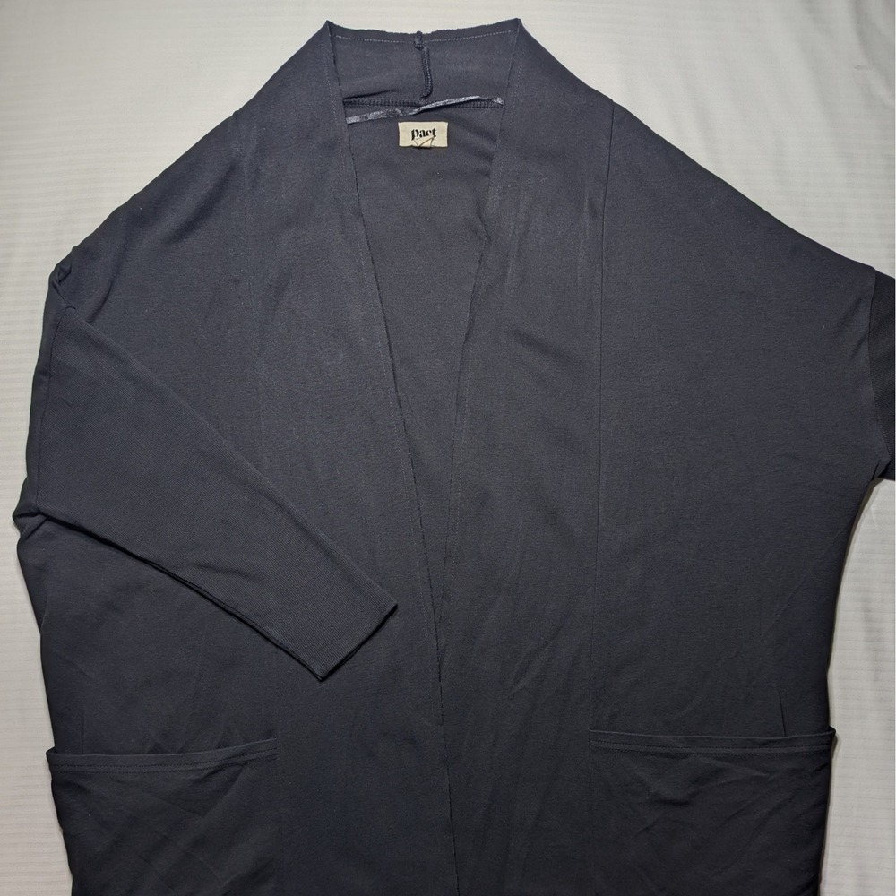 Pact Women M/L Cardigan 100% Organic‎ Cotton Black Drape Open Front Pockets Luxe